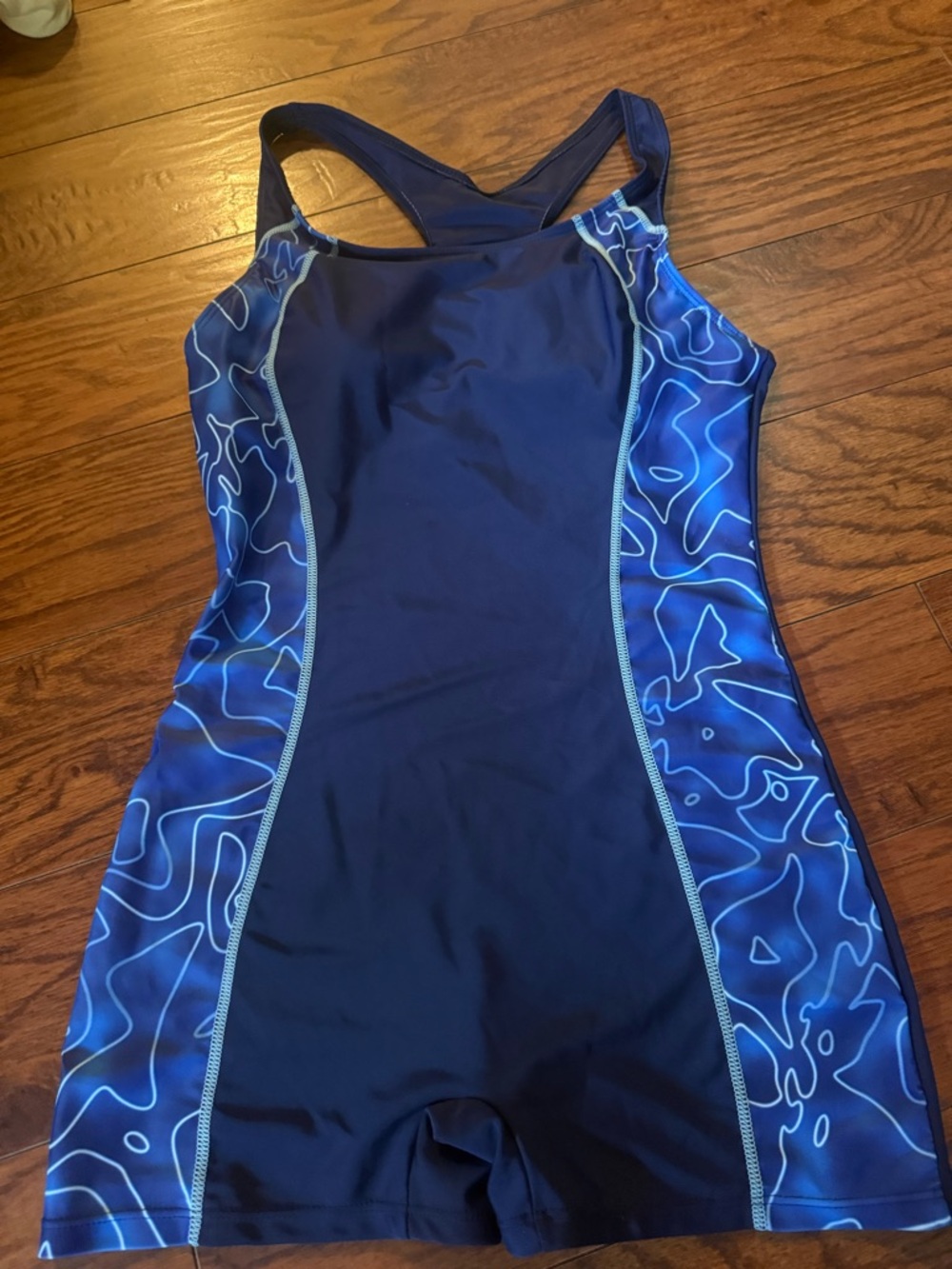 Navy Blue Women's One-Piece Athletic Swim Suit with Blue Side Pattern